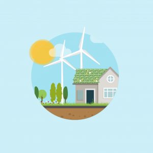 huis met groen dak met bomen en windmolens