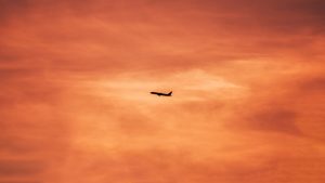 Vliegtuig met roodoranje zonsondergang