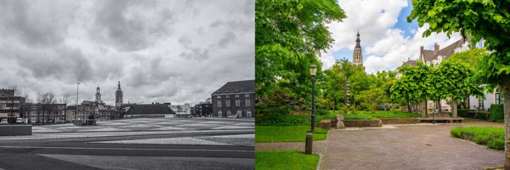 Rechts Breda met veel grijs en stenen, links Breda met veel groen en felle kleuren.