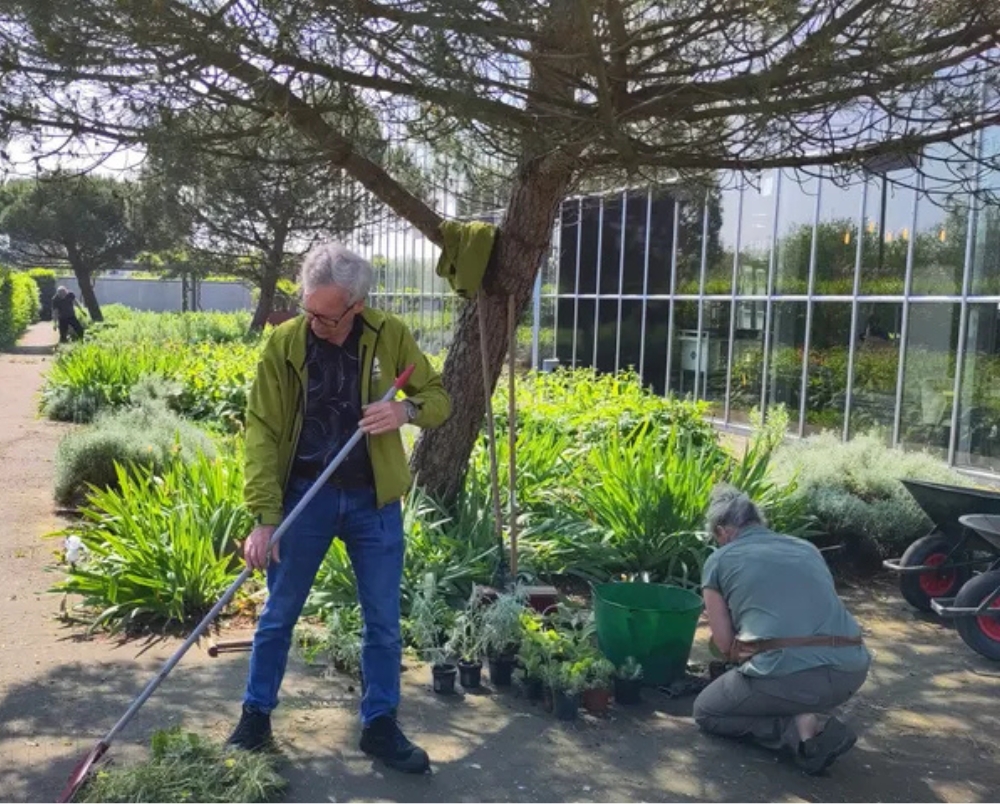 Twee mensen die aan het tuinieren zijn in een groene omgeving