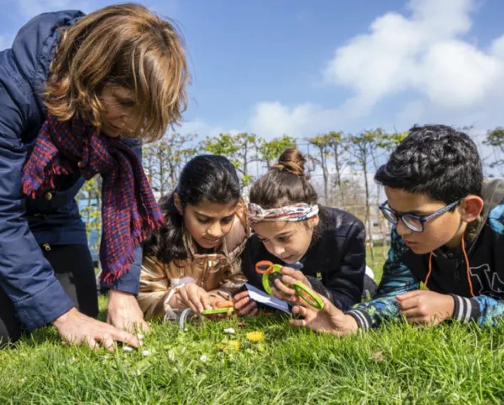 Kinderen die naar een beestje kijken door het vergrootglas