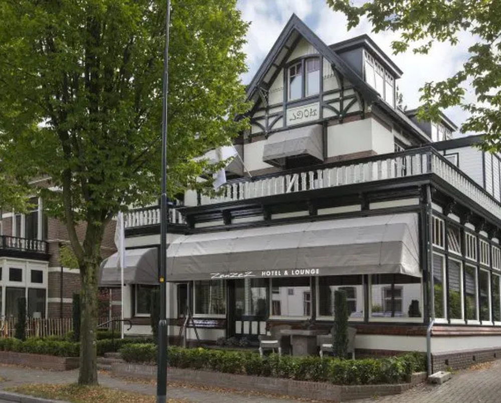 Een groot wit huis met een boom ervoor