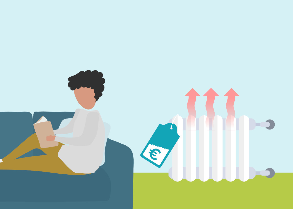 Illustratie persoon op een bank met radiator met prijskaartje eraan