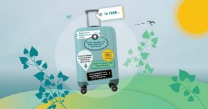 koffer met stickers over andere manier van reizen in 2050