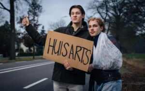 Voorzieningen verdwijnen: Twee mensen staan langs de weg; één houdt een kartonnen bord met ‘HUISARTS’ omhoog terwijl de ander een geïmproviseerde arm-sling draagt. Ze lijken om hulp of vervoer naar een huisarts te vragen. De achtergrond toont een lege weg, bomen en gebouwen.