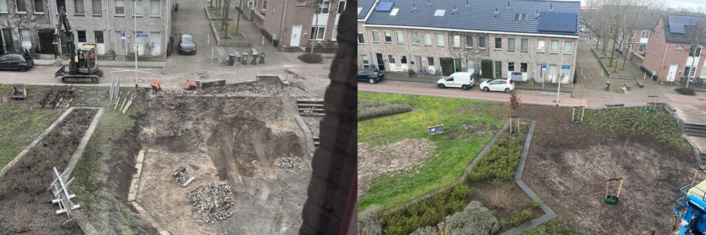 Twee beelden van Nijmegen. Links wordt er gebouwd en rechts is er veel gras en groen te zien.