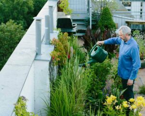 Man geeft planten op het dakterras water