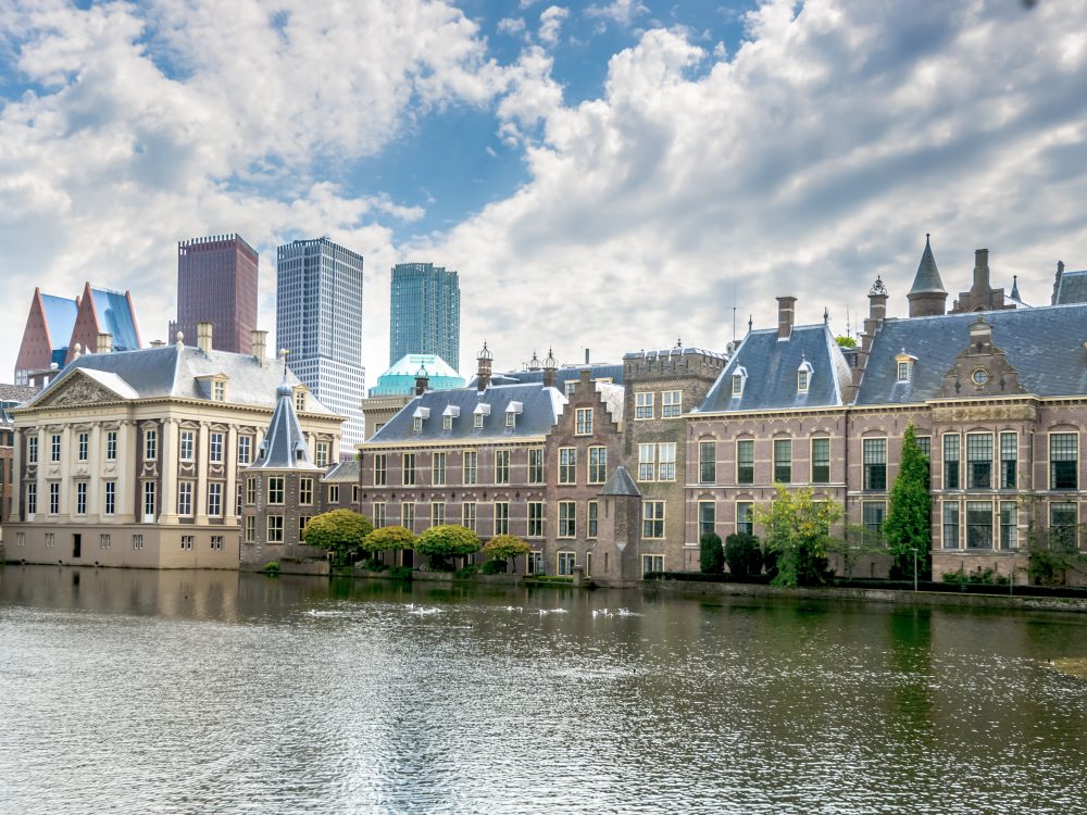 Het binnenhof in Den Haag met de vijver ervoor, tegen een bewolkte lucht