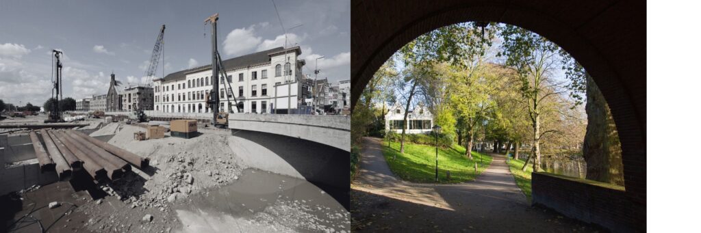 Twee afbeeldingen. Rechts wordt er aan de Utrechtse singel gebouwt. Links een groen beeld van de Utrechtse singel