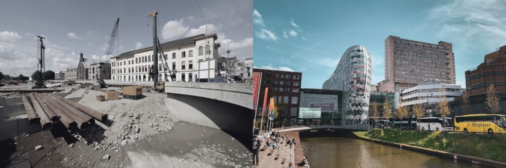 Rechts de Utrechtse singel toen er aan gebouwd werd. Links een groenere versie van de singel zoals hij er nu bij staat.