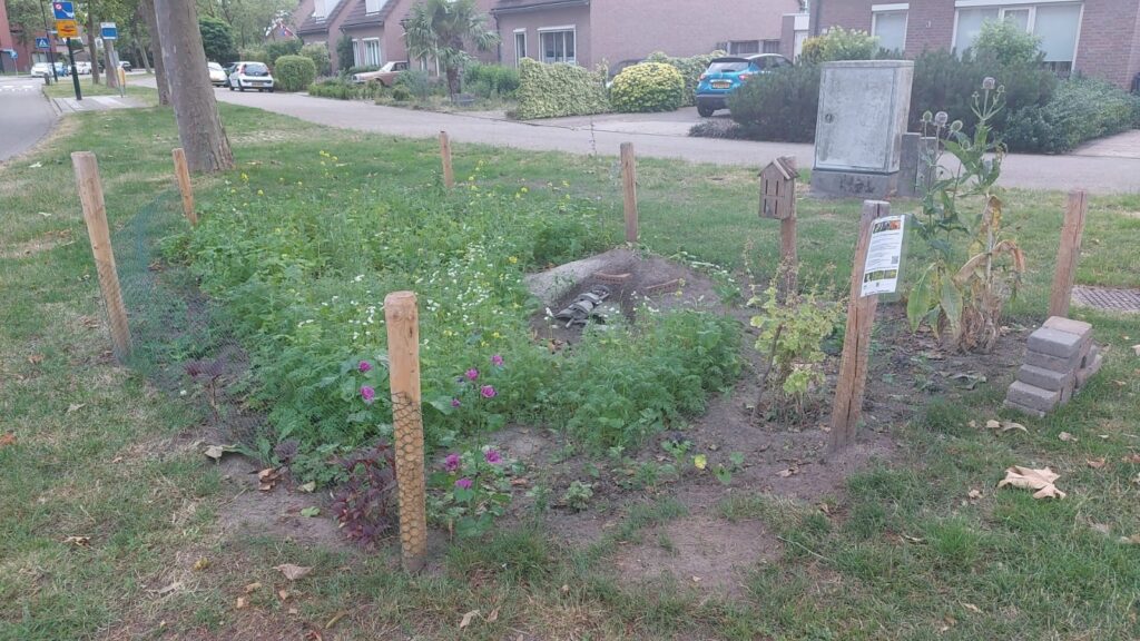 Veldje gras met paaltjes er om heen
