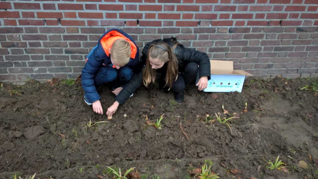 Twee kinderen zitten op de grond en stoppen bloembollen de grond in