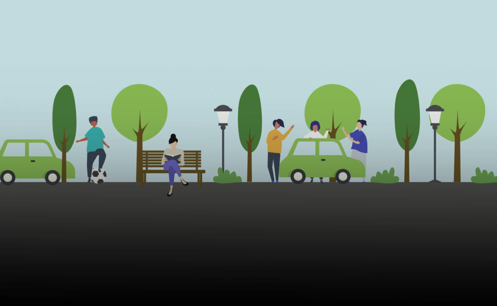 illustratie van een straatbeeld met mensen, auto's, een bankje en bomen