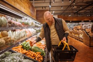 Man doet boodschappen in zijn mand