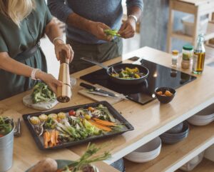 twee mensen bereiden maaltijd met veel verschillende soorten groenten