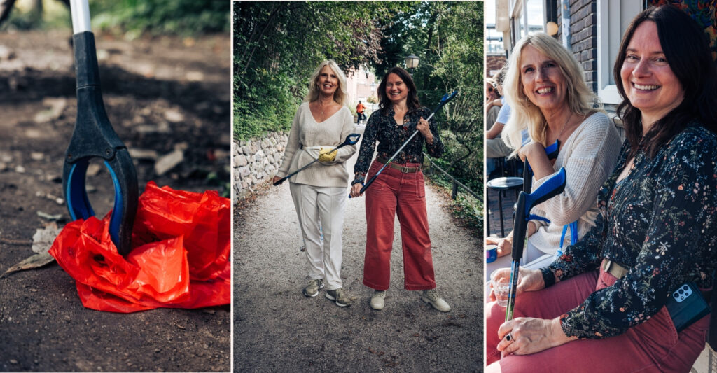 drieluik met foto van afvalprikker, lilian en godelief met afvalprikker, lilian en godelief samen op het terras